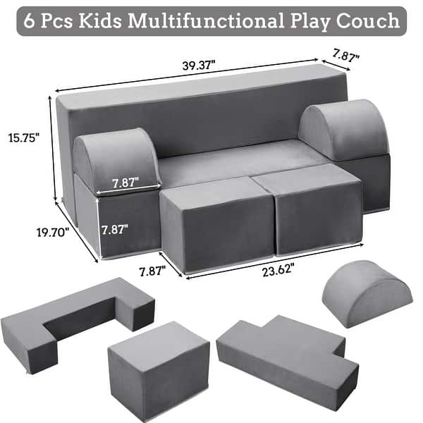 Kids Play Couch 6Pcs Modular Toddler Sofa for Playroom and Bedroom, Convertible Couch with Removable Cover(Grey ang Blue)