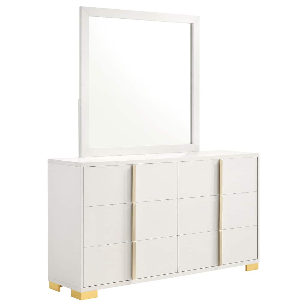 Dex Wide 6 Drawer Dresser with Mirror, Contemporary Gold Metal, White