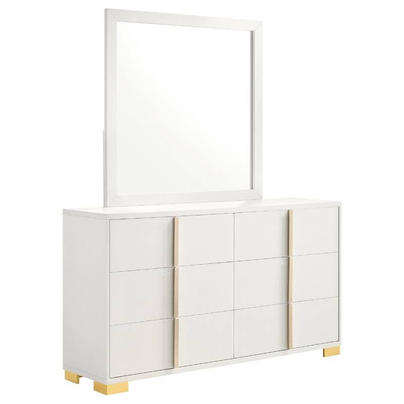 Dex Wide 6 Drawer Dresser with Mirror, Contemporary Gold Metal, White