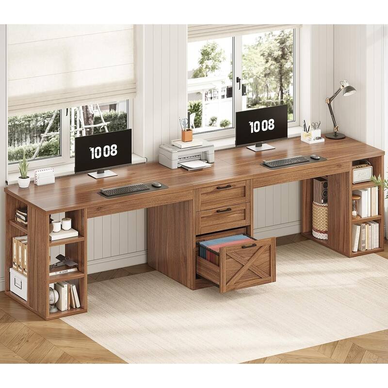 96.5" Computer Desk 3 Drawers Home Office Desk 8 Open Shelves - Brown