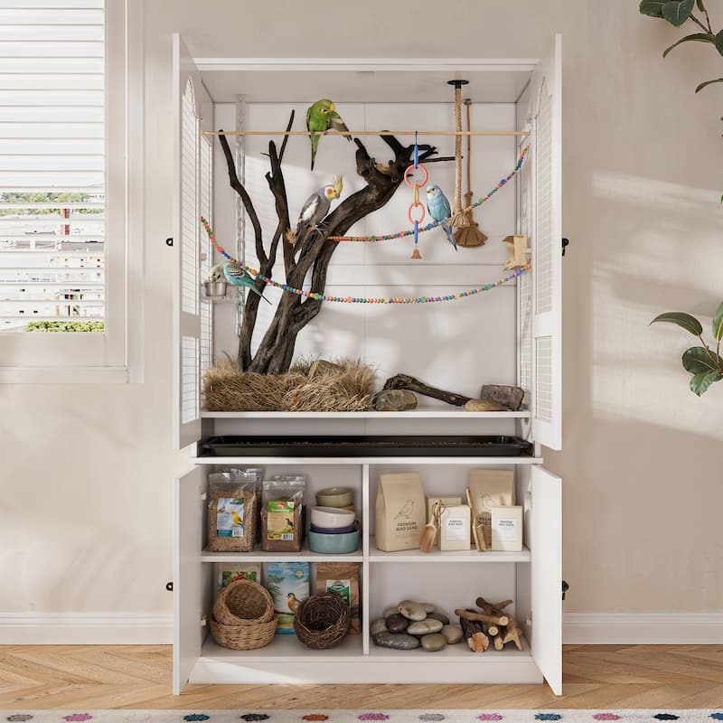 Large Wooden Bird Cage Cabinet with Storage, White Bird Aviary with Metal Mesh & Removable Tray, Indoor Bird Cage Furniture