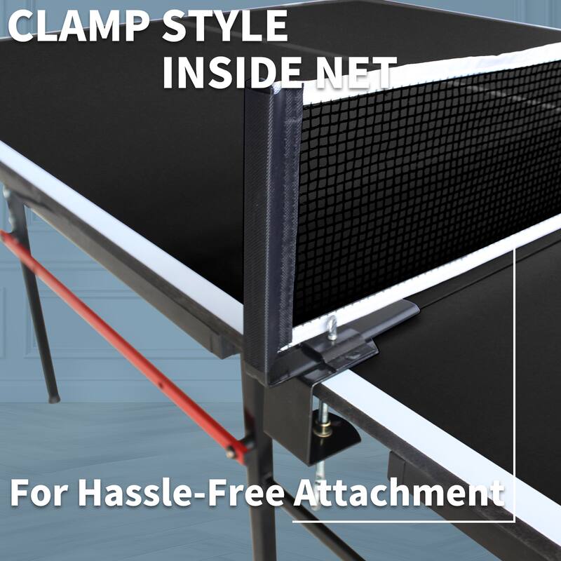8ft Black Mid-Size Table Tennis Table Foldable & Portable Ping Pong Table Set with Net, 2 Table Tennis Paddles and 3 Balls