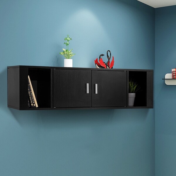 Costway 2 Cube Wall Mounted Floating Hutch Door Media Storage Costway 2 Cube Wall Mounted Floating Hutch Door Media Storage Cabinet Desk Black
