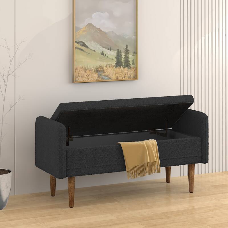 Black Modern 16.75" Upholstered Stool with Storage and Rubber Wood Legs for Living Room