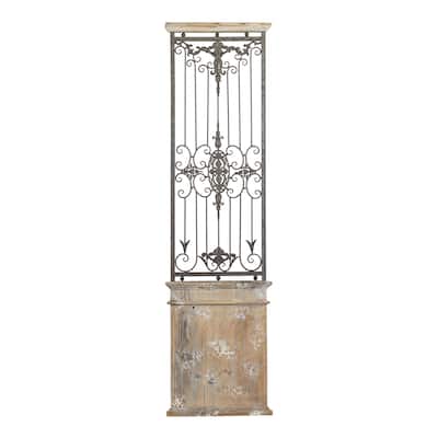 Wood Scroll Distressed Door Inspired Ornamental Panel Home Wall Decor with Black Metal Wire Details - Brown - Roche River Decor
