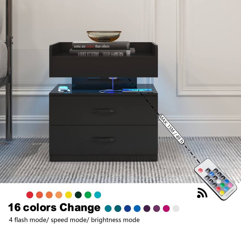 Nightstand with LED Strip Light and 2 Drawers, Bedside End Table with Storage for Bedroom Living Room Study