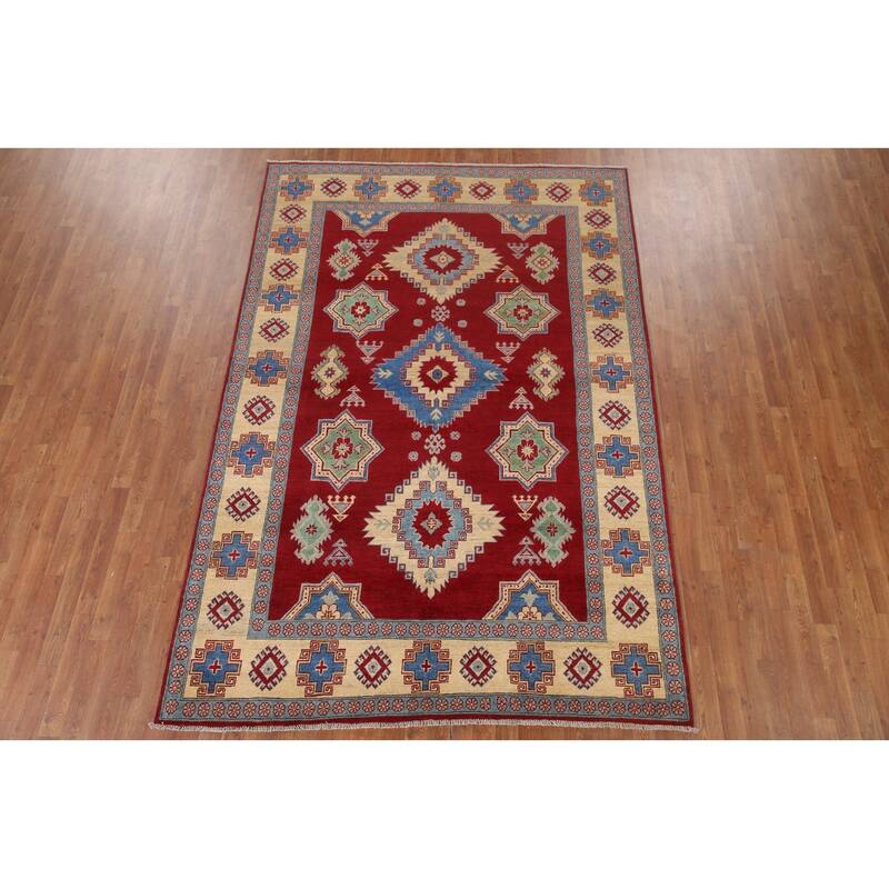 Hand Knotted Oriental 100% Wool Carpet Traditional Geometric Red Kazak Area Rug - 9' 8'' X 6' 7''