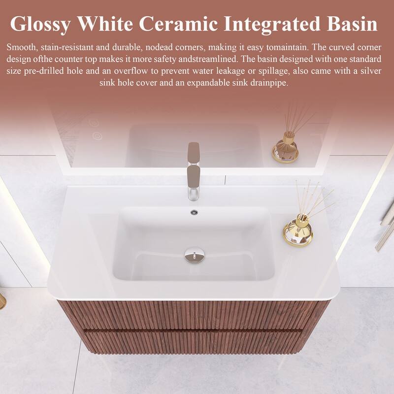 Wall-Mounted Bathroom Vanity in Walnut with Integrated White Ceramic Sink