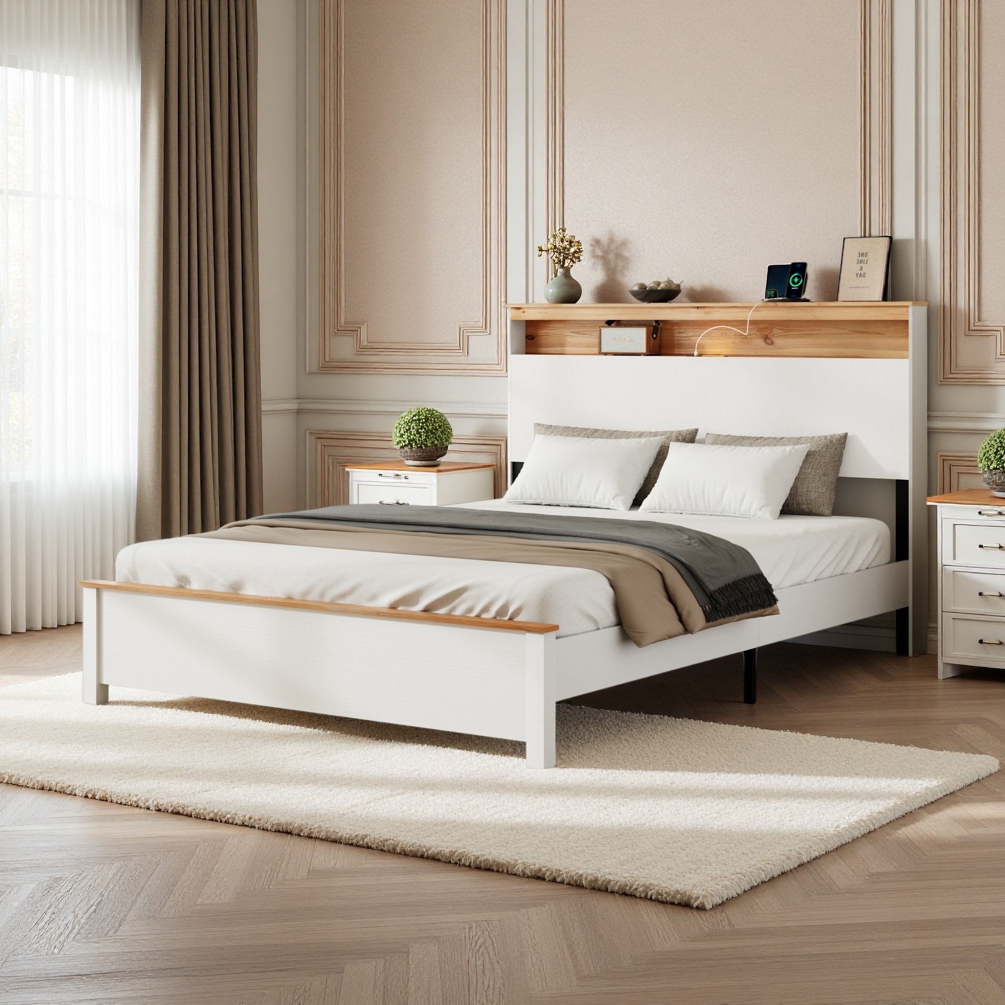 Farmhouse Wood Platform Bed Frame with Storage Headboard, and Charging Station