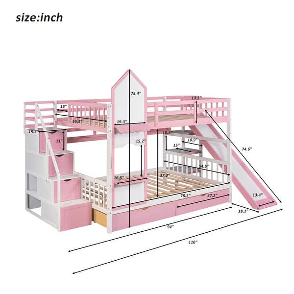 dimension image slide 0 of 2, Full-Over-Full Castle Style Bunk Bed with 2 Drawers 3 Shelves and Slide