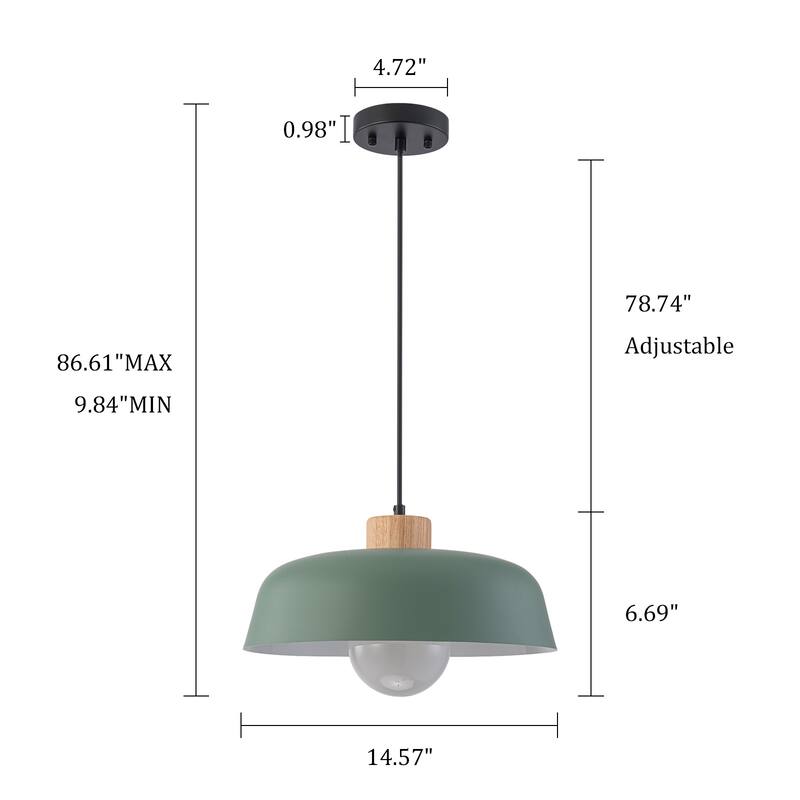 Modern 1-Light Green Dome Pendant Light with Decorative Wood Accent