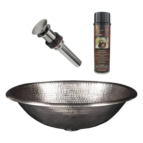 17" Oval Self Rimming Hammered Copper Bathroom Sink in Nickel, Matching Drain and Accessories