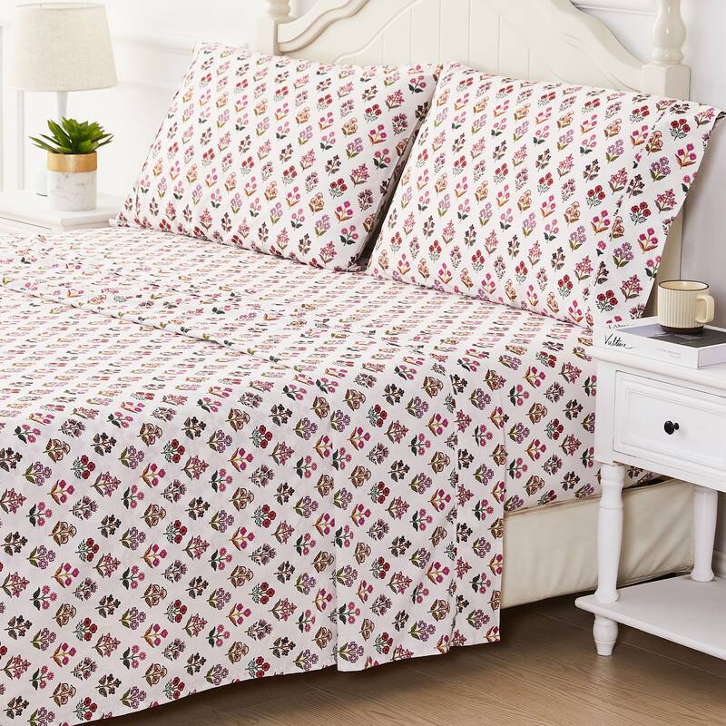 Garden House Cotton Bed Collection (Sheet Set And Duvet Set) - Full - Pink Happy Garden Sheet Set - 4 Piece