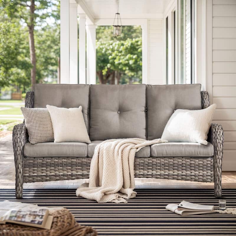 Gymojoy 3-Seat Outdoor Sofa, Durable All-Weather PE Wicker with Olefin Cushions - Grey Wicker / Grey Cusion - 1-Piece