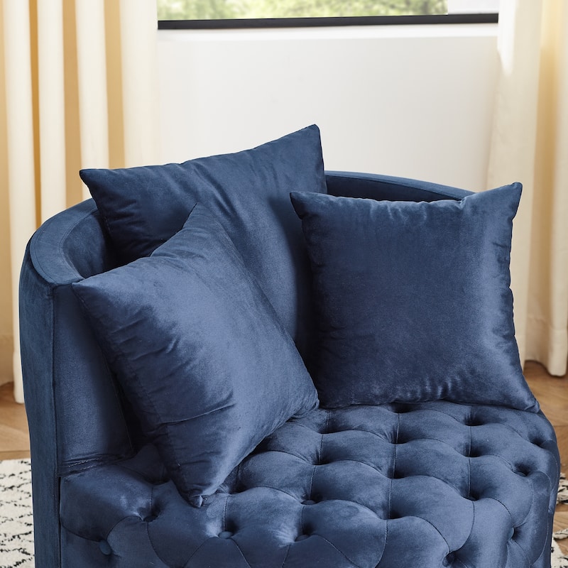 Blue Modern 30" Upholstered Swivel Button Tufted Accent Chair with Movable Wheels and 3 Pillows
