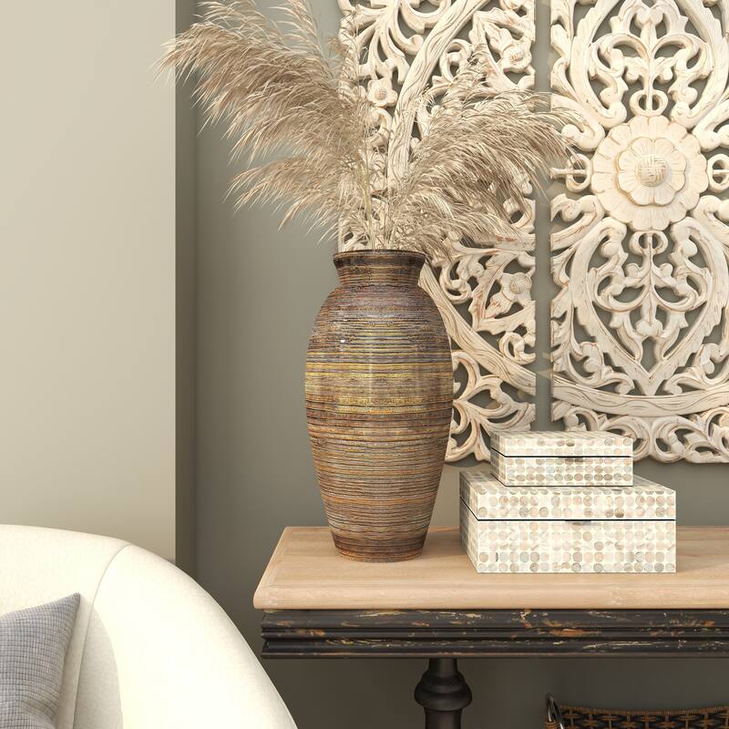 Brown Bamboo Wood Textured Decorative Vase with Lacquer