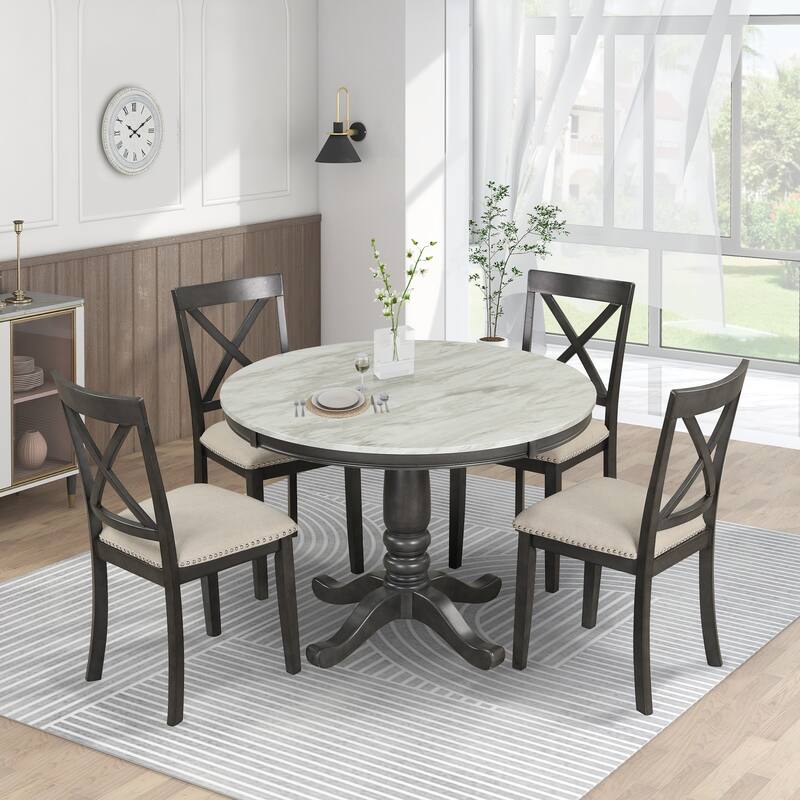 Stylish Round Wooden Dining Table with Four Wooden Chairs, 5-Piece Kitchen Table and Chair Set for Apartment