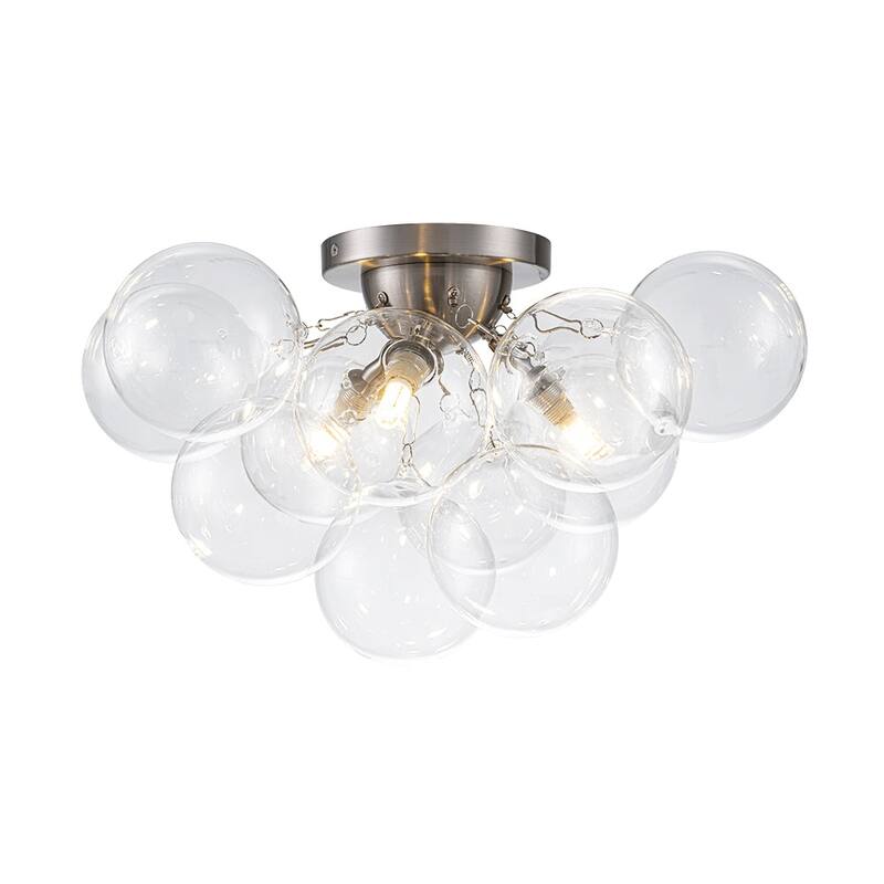 3-Light Clear Glass Globe Bubble Semi Flush Chandelier - Brass 18in