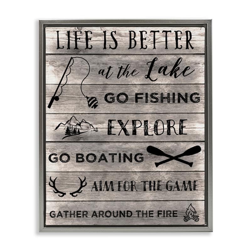 Stupell Lake Activities & Phrases Framed Floater Canvas Wall Art Design By CAD Designs - 25 x 31 - Grey