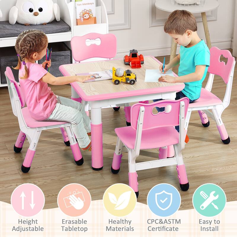 Kids Table and 4Chairs Set-Height Adjustable Desk