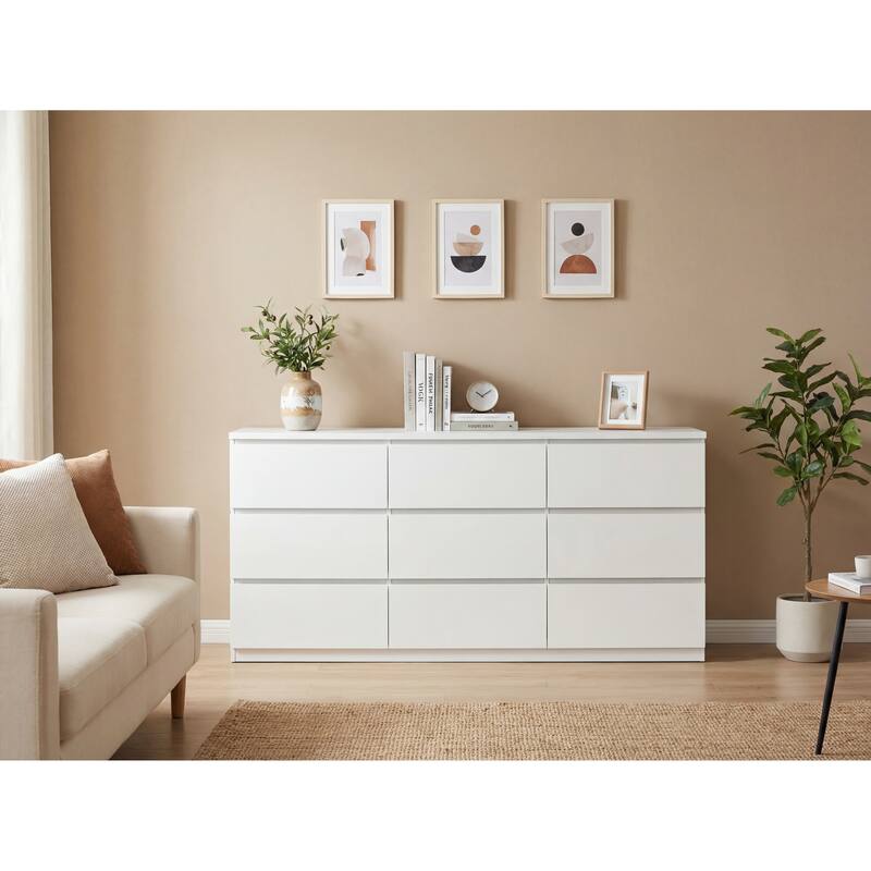 63" Wooden Dresser Cabinet with 9 Drawers, Entryway Chest of Drawers Dressing Table TV Console Table