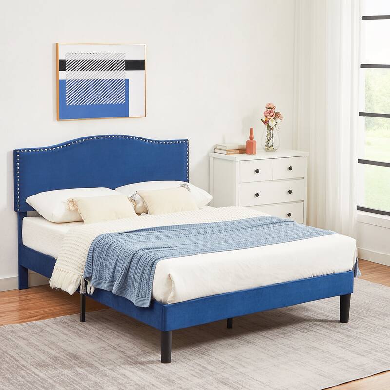 Javlergo Upholstered Platform Bed Frame with Adjustable Headboard, Strong Frame and Wooden Slats Support, Easy Assembly