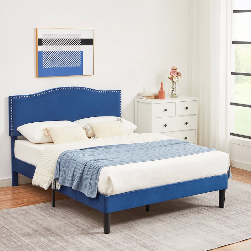 VECELO, Upholstered Platform Bed Frame with Nailhead Headboard Twin Full Queen Size Bed-Blue