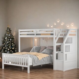 Twin over Full Loft Bed with Staircase Kids Bed with 3 Storage Grids ...