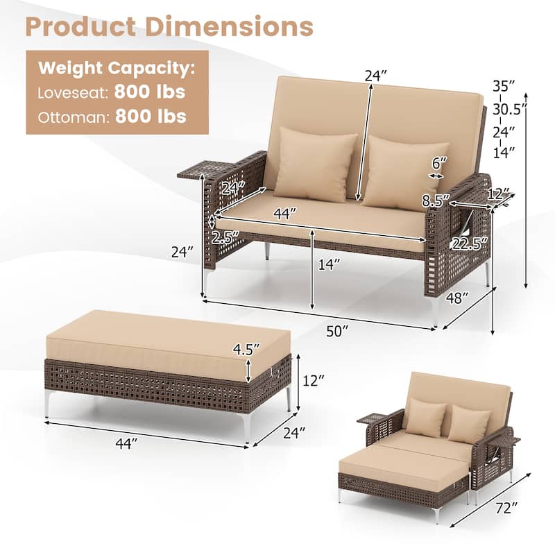 2 Piece Mix Brown Rattan Outdoor Daybed Loveseat and Ottoman Set with Adjustable Backrest - 50” x 48” x 35”