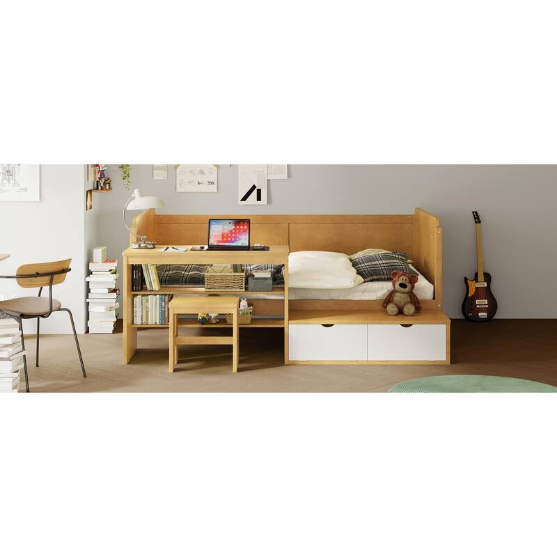 Multi-functional Wooden Daybed with Storage Shelves, Study Desk, Lockers, and Matching Stool