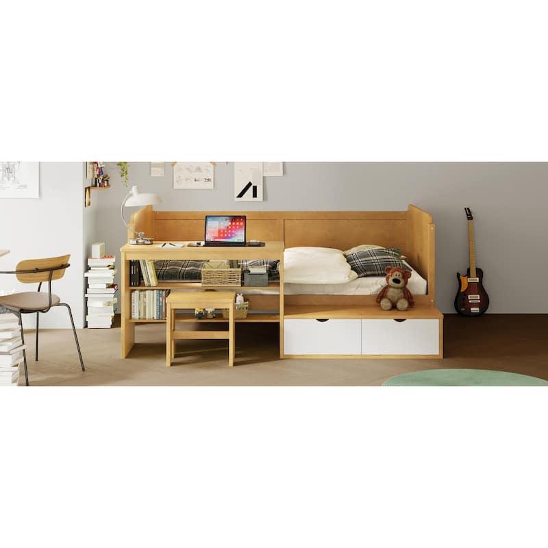 Twin Size Natural Wood Daybed with Study Desk & Storage (350lb Capacity)