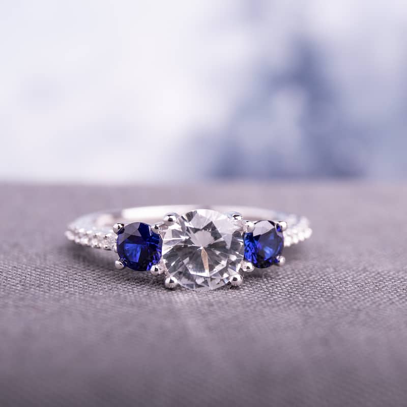 Miadora Created Blue and White Sapphire Diamond 3-Stone Ring 10k white Gold