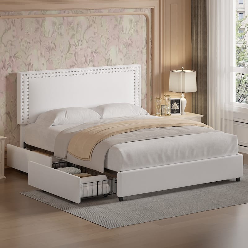 VECELO Upholstered Storage Bed Frames with 4 Storage Drawers Platform Bed Frame with Adjustable Velvet Rivets Headboard - White - Queen