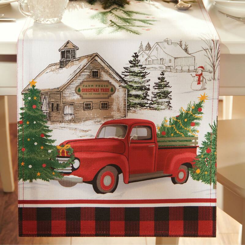 Vintage Christmas Tree Farm Holiday Table Runner - 13x70