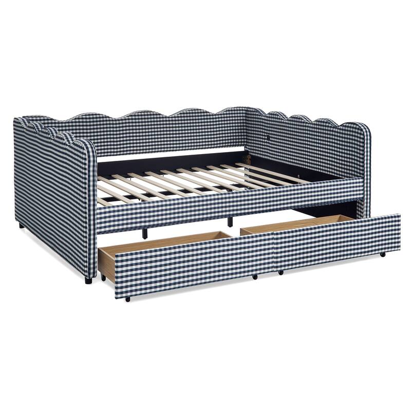 Full/Queen Gingham Daybed with 2 Storage Drawers, USB Port & Wave Shaped Linen Fabric