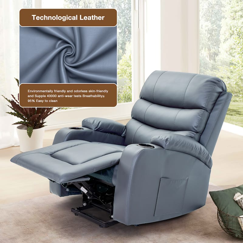 Oversized Power Lift Recliner Chair with Massage & Heat, PU Leather, USB Port, Cup Holders & Pockets