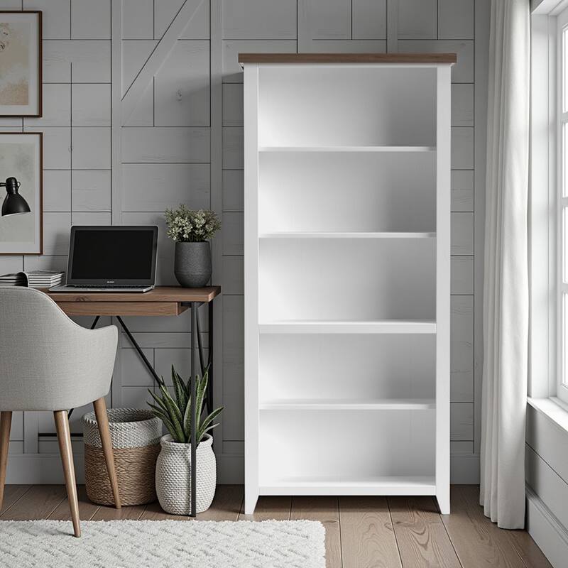 Bridgevine Home Modern Farmhouse 72 inch high 5-shelf Bookcase, No Assembly Required, Two-Tone Finish - Jasmine Whitewash and Barnwood