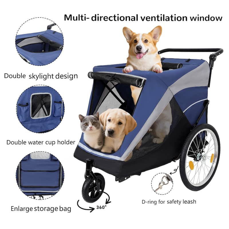 2-in-1 Pet Bike Trailer & Push Cart - 100LB Dog Carrier with Quick Release Wheels, Storage Bag & Safety Leash