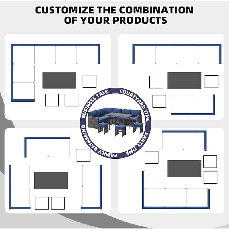 AECOJOY 7-Piece Outdoor Patio Wicker Sectional Sofa with Dining Table