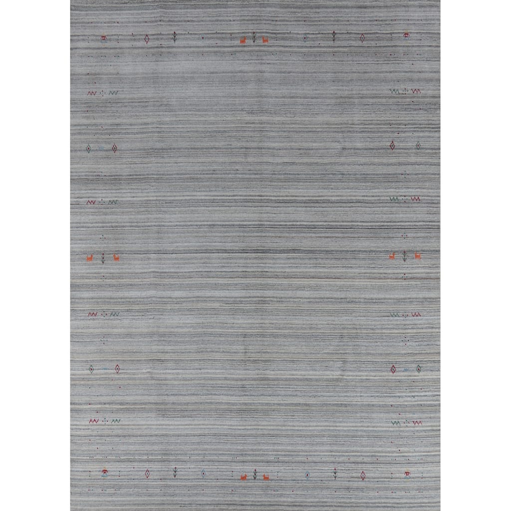 Hand Knotted Oriental Silk Carpet Tribal Animal Pictorial Greys & Charcoal Gabbeh Area Rug - 10' 1'' X 8' 2''