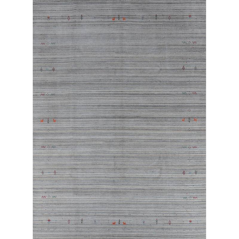 Hand Knotted Oriental Silk Carpet Tribal Animal Pictorial Greys & Charcoal Gabbeh Area Rug - 10' 1'' X 8' 2''