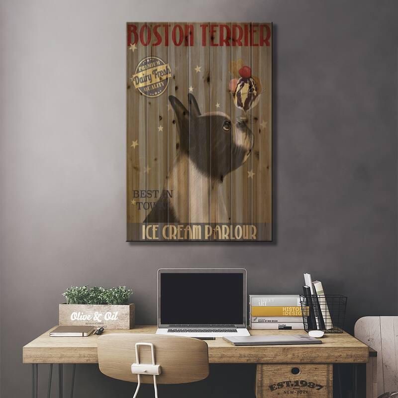 Boston Terrier Ice Cream Parlour Print On Wood by Fab Funky - Multi-Color