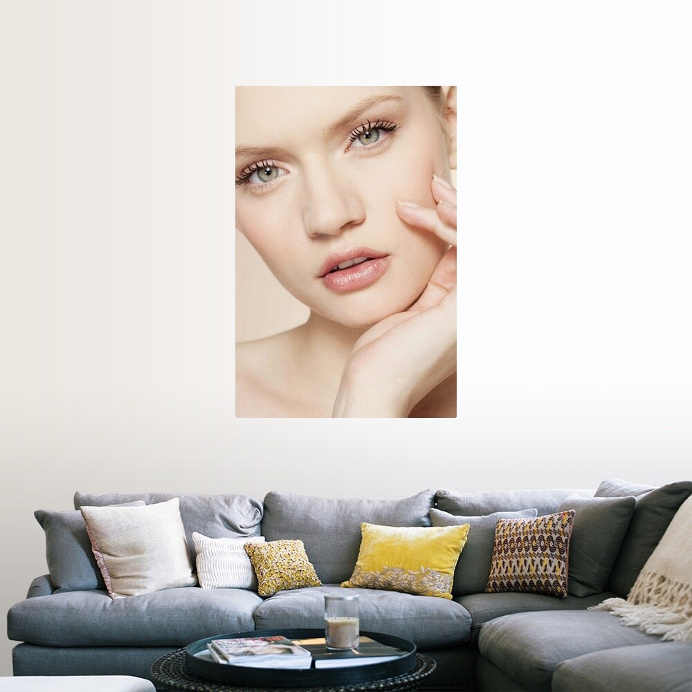 Shop Portrait Of Young Woman Touching Face In Studio Poster