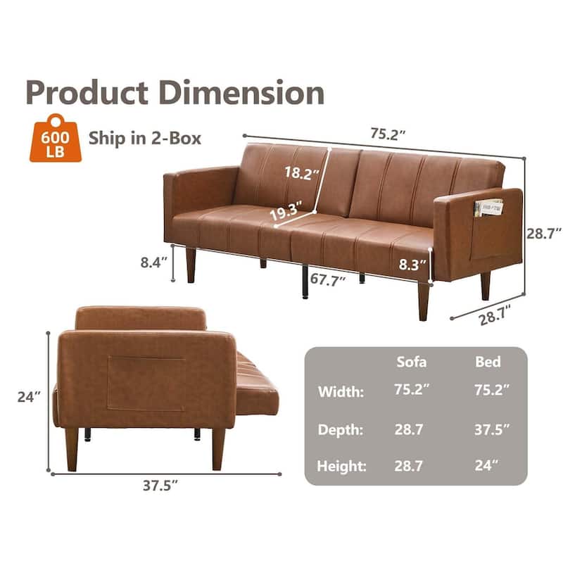 75" Futon Sofa Bed, Mid-Century Modern Futon Couch, Convertible Sleeper Sofa