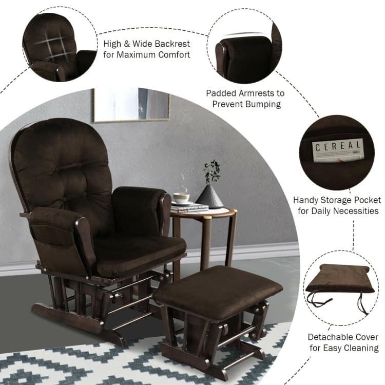 Solid Wood Gliding Chair Set with Storage Pockets and Ottoman for Relaxing - 29.5" x 28.5" x 39.5" (L x W x H)
