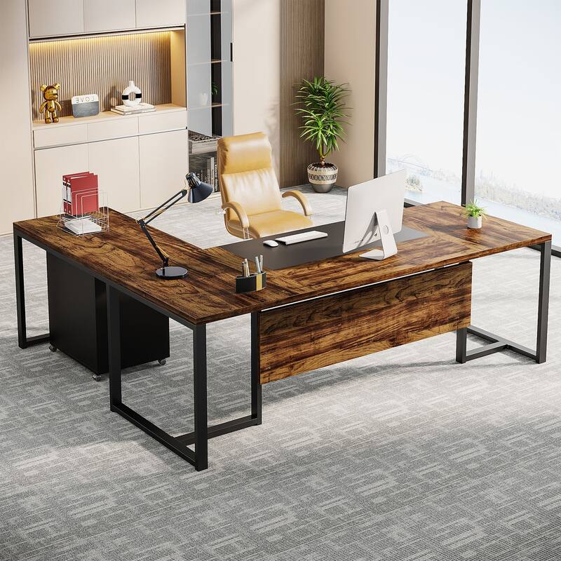 70.8’’ Executive Desk with File Cabinet, Large L-Shaped Office Executive Desk Computer Desk - Rustic Brown+Balck