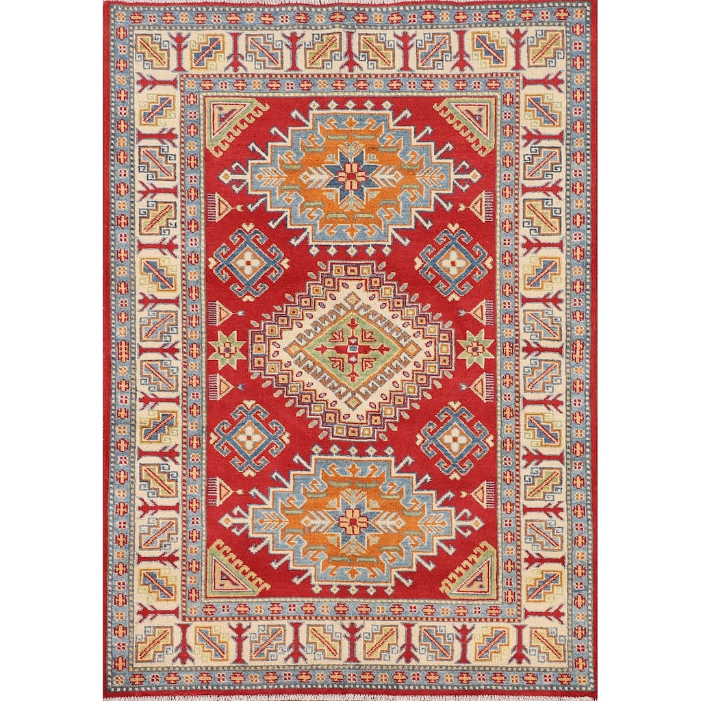 Red Geometric Kazak Oriental Rug Hand-Knotted Traditional Wool Carpet - 4'1" x 5'10"