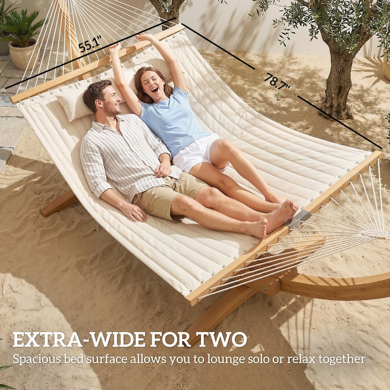 Outsunny Outdoor Hammock, 2-Person Hammock with Head Pillow and Pad, Wood Spreader Bars, 440 lbs Capacity