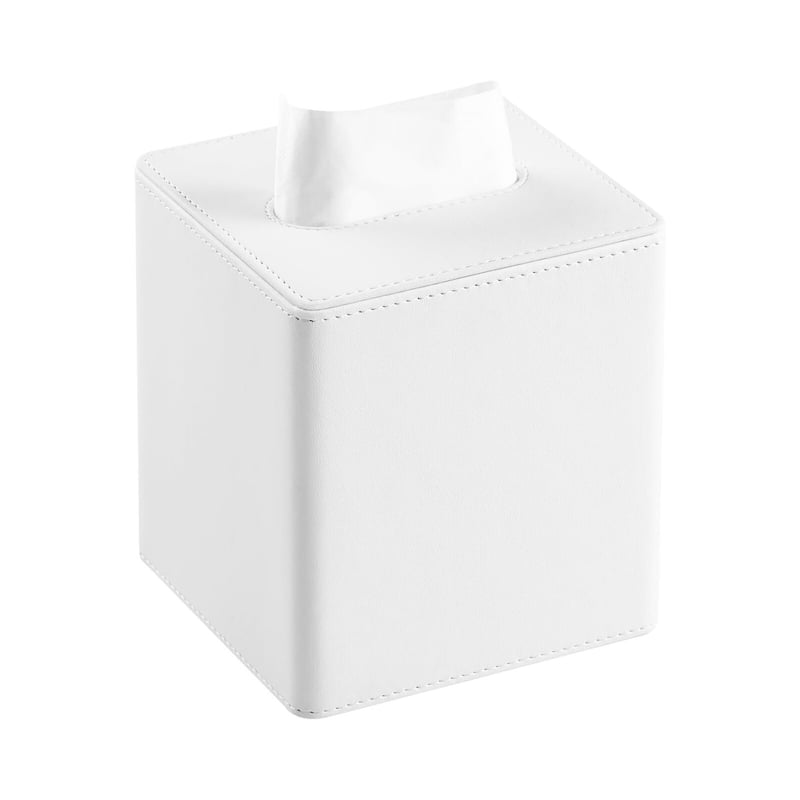 Square Tissue Box Cover - Modern Minimalist Faux Leather Tissue Holder for Bathroom, Living Room, and Office - White - White