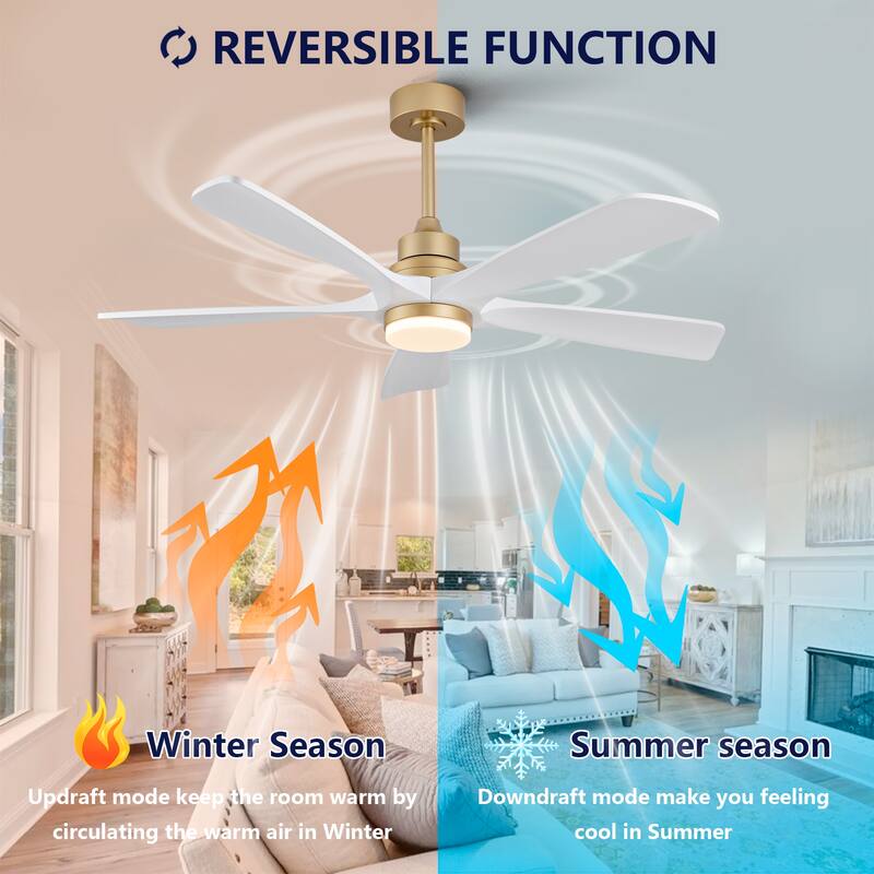 52" Ceiling Fans With Lights and Remote Control, Dimmable LED, 5 Solid Wood Blades,for Bedroom, Living Room - 52 Inches